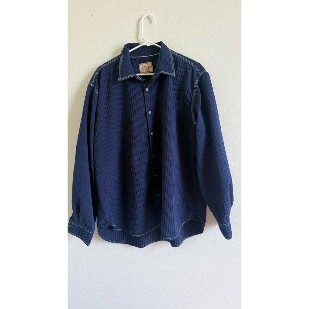 Vintage Italia Mens 2XL Navy Textured Button Up Shirt Contrast Stitching